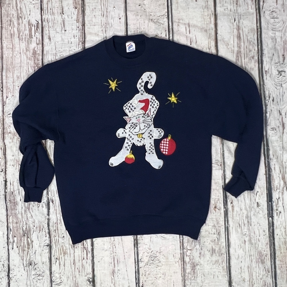 Vintage Christmas Cat 1980s Ugly Sweater Party Crazy Cat Lady Blue Sweatshirt